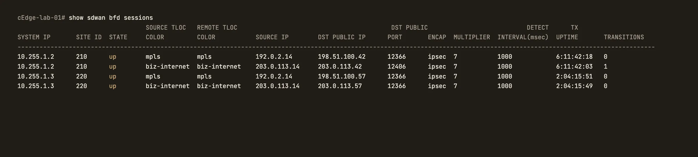 show sdwan bfd sessions output