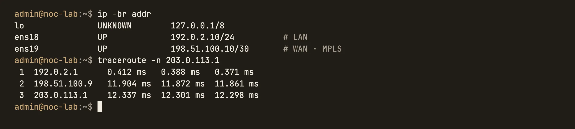 Linux console: ip -br addr and traceroute