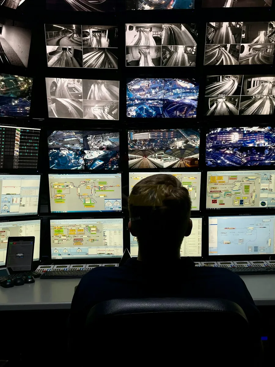 Operator facing a monitoring video wall, seen from behind
